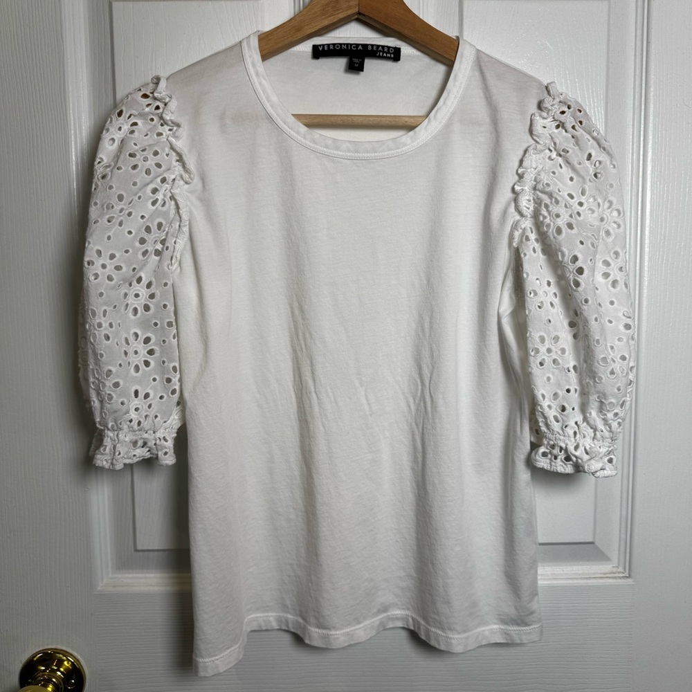 Veronica Beard Coralee Eyelet Puff Sleeve Top White 100% Pima Cotton Medium